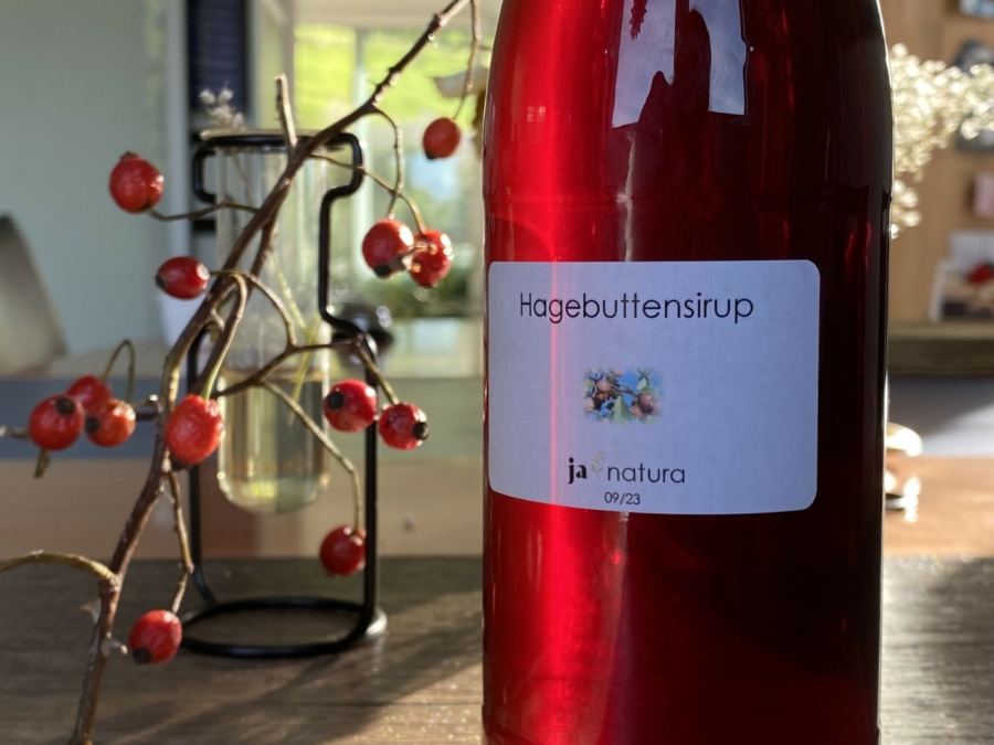 eine Flasche mit roter lüssigkeit im Vordergrund und àste mit roten Hagebutten im Hintergrund.